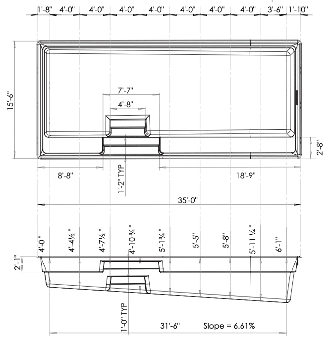 A technical drawing of a rectangular pool with dimensions, including a 31'-6" length and a 2'-8" height. The drawing includes labeled measurements and slope details, with a prominent central section and various architectural features indicated.